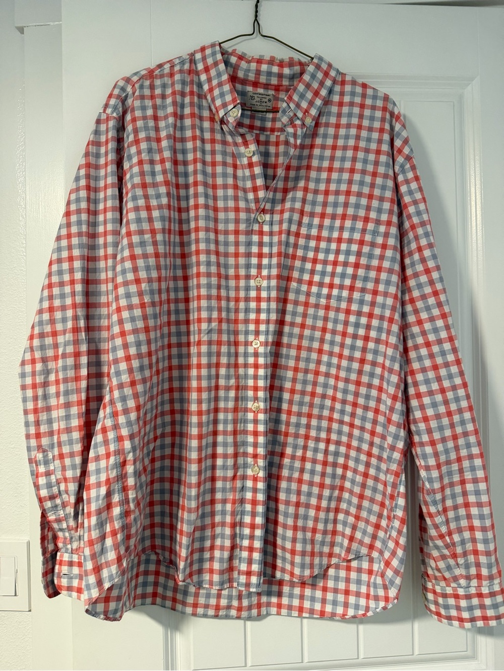 J. Crew Men's Coral and Light Blue Plaid Button-Down Shirt